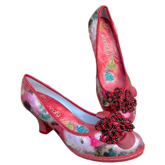 Socofy Shoes - SOCOFY Red Floral Beaded Pumps with Louis Heel Rubber Sole, Size EU 39, US 8M